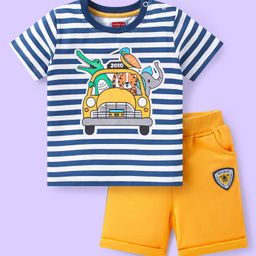 Babyhug Single Jersey Knit Half Sleeves Striped T-Shirt & Shorts Set with Safari Theme Print - Yellow & Blue-image-75