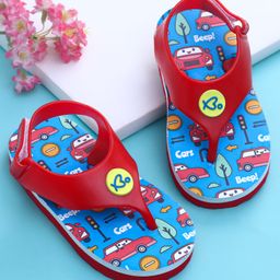 Babyoye Velcro Closure Flip Flops with Cars Print - Blue & Red-image-7