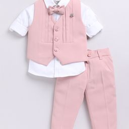 LITTLE COLLARS Terry Full Sleeves Solid 3 Piece Party Suit Set With Bow - Pink-image-33