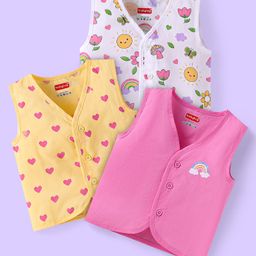 Babyhug 100% Cambric WovenSleeveless Front Open Jhabla with Heart & Floral PrintPack of 3 - Yellow White & Pink-17