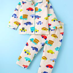 Enfance Core Cotton Woven Full Sleeves Car Printed Coordinating Night Suit Set - Cream-image-97