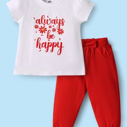 Doodle Poodle 100% Cotton Knit Half Sleeves T-Shirt & Lounge Pant Set with Always Be Happy Text Print - Red & White-image-67