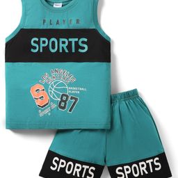Taeko Single Jersey Knit Sleeveless Cut & Sew Tank T-Shirt & Shorts Set with Sports Theme Print - Teal Blue-image-12