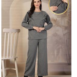 Zelena 100% Cotton Knit Full Sleeves Solid Maternity Top With Nursing Access & Pajama - Grey-picture-13