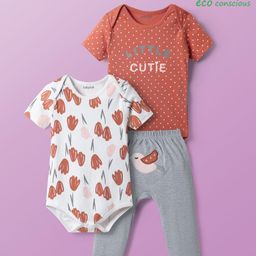 Babyoye 100% Cotton Knit Half Sleeves Onesies With Leggings Floral & Polka Dot Print Pack Of 2 - Multicolour-image-33