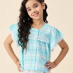 StyloBug Half Flutter Sleeves Checked & Lace Embellished Top -Blue-image-56