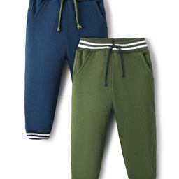Bonfino 100% Cotton Knit Full Length Solid Color Fleece Pants with Tipping Rib Pack of 2 - Green & Navy Blue-image-30
