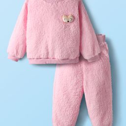 Little Kangaroos Woven Winter Wear Fur Sweatshirt & Lounge Pant Set with Fox Applique - Baby Pink-picture-22
