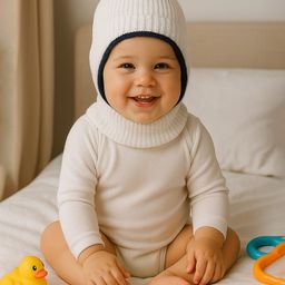 Babyhug Woollen Knit Solid Dyed Monkey Cap White & Black - Diameter 14 cm-picture-0