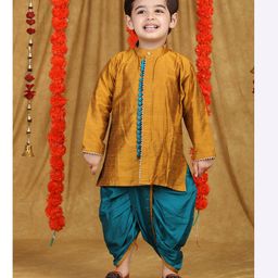Polka Tots Cotton Woven Full Sleeves Gota Lace Embellished Dhoti Kurta Set - Golden-image-54
