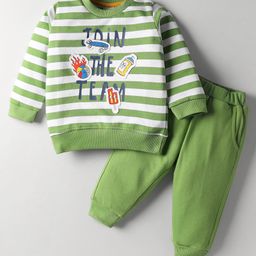 Zero Interlock Knit Full Sleeves Striped T-Shirt & Lounge Pant Set with Text Print & Patch Detailing - Green-picture-2