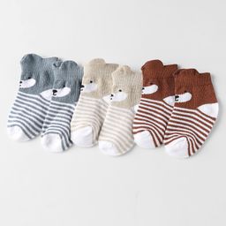 Doodle Poodle Cotton Knit Ankle Length Socks with Bear Design & Stripes Pack of 3 - Brown Grey & Beige-picture-28
