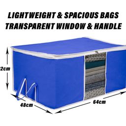 Kuber Industries Underbed Storage Bag  Clothes Storage Organizer  Blanket Cover with Clear Window  Zipper Closure & Handle Cloth Organizer  Plain White Border  Large  Pack of 2  Royal Blue image 3