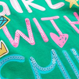 Pine Kids Cotton Knit Flutter Sleeves Top with Text Print and Sequins - Green image 3
