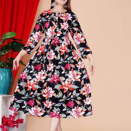 GUDWEARS Ethnic Motifs Printed Fit and Flare Midi Dress-image-67