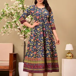 L.H HANDICRAFTS Floral Printed Round Neck Fit & Flare Cotton Maxi Dress-picture-23