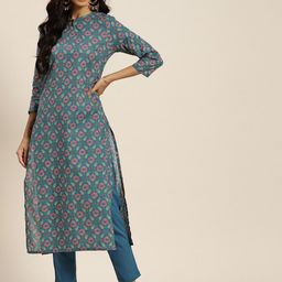 Sangria Women Teal Blue & Pink Motifs Print Pure Cotton Straight Kurta with Trousers-image-97