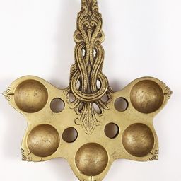 Exotic India Gold-Toned Brass Five Wicks Handheld Arti Lamp Diya-image-78