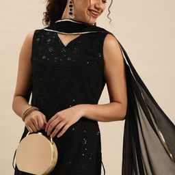 Anouk Women Black Chikankari Embroidered Kurta with Palazzos & Dupatta-24