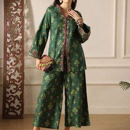 Globus Ethnic Motifs Printed Mirror Work Bell Sleeves Front Slit Tunic & Palazzo Co-Ords-picture-17