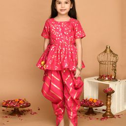 Saka Designs By Sapna Half Sleeves Leaf Swirl Foil Printed With Lace Embellished Kurta & Dhoti Set - Fuchsia Pink & Golden-image-61