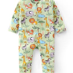 Babyhug Cotton Knit Full Sleeves Footed Night Suit with Wild  Animals Print - Green-image-43
