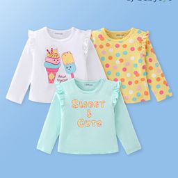 Babyoye 100% Cotton  Eco- Jiva Finish Full Sleeves Tops with Frill Detailing Text & Icecream Print Pack  of 3 - Multicolor-image-95