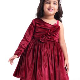Babyhug Velvet Woven Full Sleeves Fit & Flared Party Frock with Floral Applique - Maroon-image-43