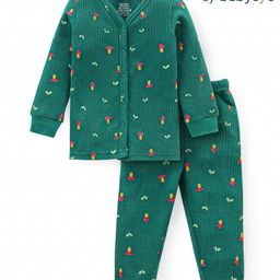 Babyoye Cotton Modal Knit Full Sleeves Front Open Thermal Inner Wear Set with Heart & Mashroom  Print - Green-image-88