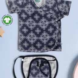 Pranava 100% Organic Cotton Half Sleeves Kolam Printed Jhabla & Nappy Set  Navy Blue-image-73