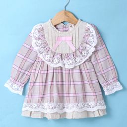 ToffyHouse Cotton Woven Full Sleeves Checkered Frock with Frill Lace & Bow Detailing - Peach & Pink-image-1