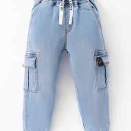 Little Kangaroos 100% Cotton Woven Full Length Denim Jeans with Cargo Pockets Solid Colour -Medium Blue-image-47