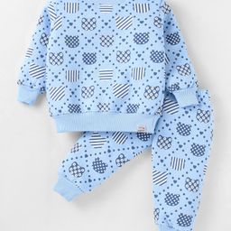 Teddy Fleece Knit Winter Night Suit with Hearts Print - Light Blue-image-99
