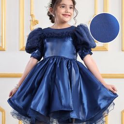 Mark & Mia Half Puffed Sleeves Solid Colour Party Frock with Pearl Detailing - Navy Blue-image-50