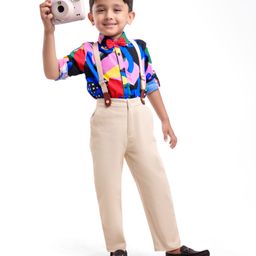Ollington St. 100% Cotton Woven Full Sleeves Printed Shirt & Twill Pants Set With Bow & Suspender - Blue-image-47