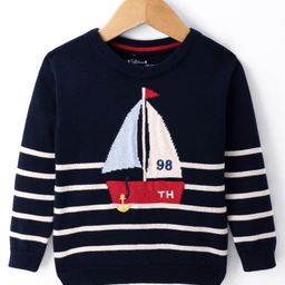 ToffyHouse Knitted Full Sleeves Striped & Boat Designed Pullover Sweater - Navy Blue-image-89