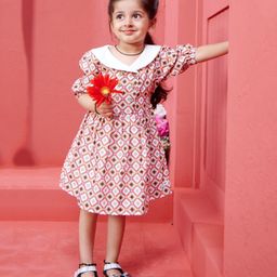 Tiny Twills Half Sleeves Geometric Printed Front Buttoned With Solid Collar Dress - Lavender-image-71