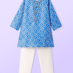 Babyhug Cotton Woven Full Sleeves Kurta & Pyjama Set With Bandhani Print with Embroidery - Blue-17