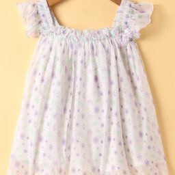 Dew Drops Net Woven Frill Sleeves Frock with Floral Print & Sequin Detailing - Mauve-image-87