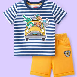 Babyhug Single Jersey Knit Half Sleeves Striped T-Shirt & Shorts Set with Safari Theme Print - Yellow & Blue-image-67