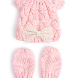 Tipy Tipy Tap Pearls Embellished Bow Designed Cap With Mittens Set - Pink-57