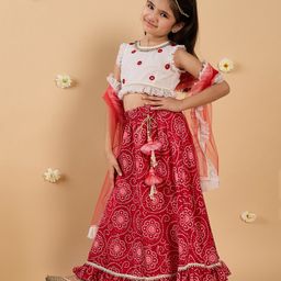 Pspeaches Cotton Sleeveless Floral Bandhani Printed & Mirror Work Embroidered Lehenga Choli With Dupatta Set - Magenta & White-picture-33