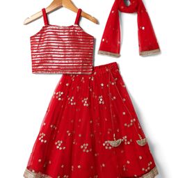 Babyhug Net Woven Sleeveless Lehenga Choli Set With Sequin Detailing & Dupatta - Red-picture-1