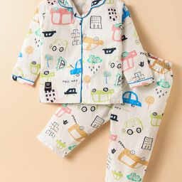 Enfance Core Cotton Woven Full Sleeves Car Printed Coordinating Night Suit Set - Blue-image-78