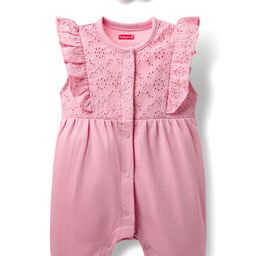 Babyhug 100% Cotton Knit Frill Sleeves Front Open Romper with Hairband & Schiffli Detailing - Pink-image-12
