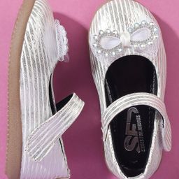 SHOES FOR JUNIORS Bow Applique Detailed & Rhinestones Embellished With Velcro Closure Mary Jane Ballerinas - Silver-image-95