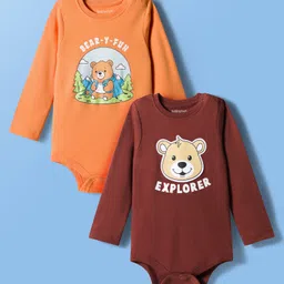 Babyoye 100% Cotton Interlock Knit Full Sleeves Onesies with Teddy Bear Print Pack of 2 - Orange & Brown-picture-2