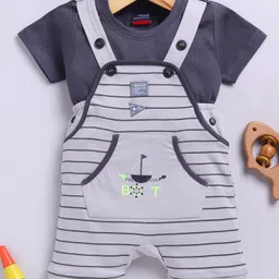 Jb Club Cotton Knit Striped & Boat Embroidered Dungaree With Half Sleeves Tee Set - Grey-picture-3