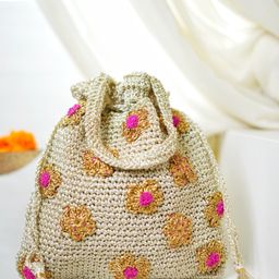 ITIHASIKALA Phoolkari Bowling Handheld Crochet Potli Bag-image-14