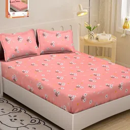 Myntra Elegant Homes Pink & White Floral Printed 300 TC Single Bedsheet & 2 Pillow Covers-picture-0
